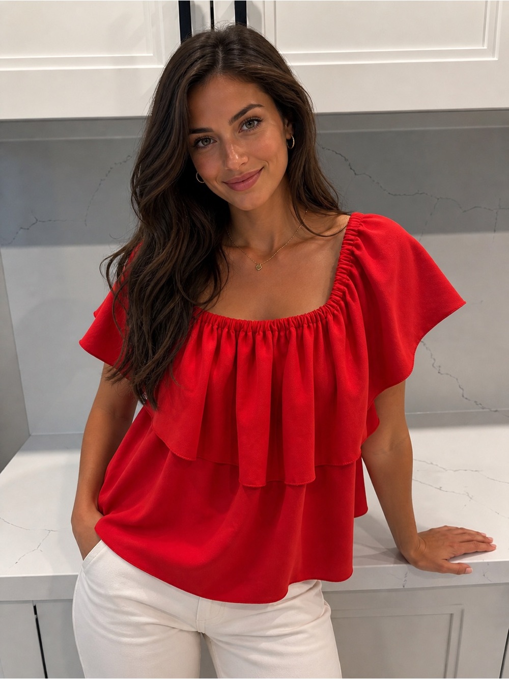 Wilfred Red Ruffled Square-Neck Blouse